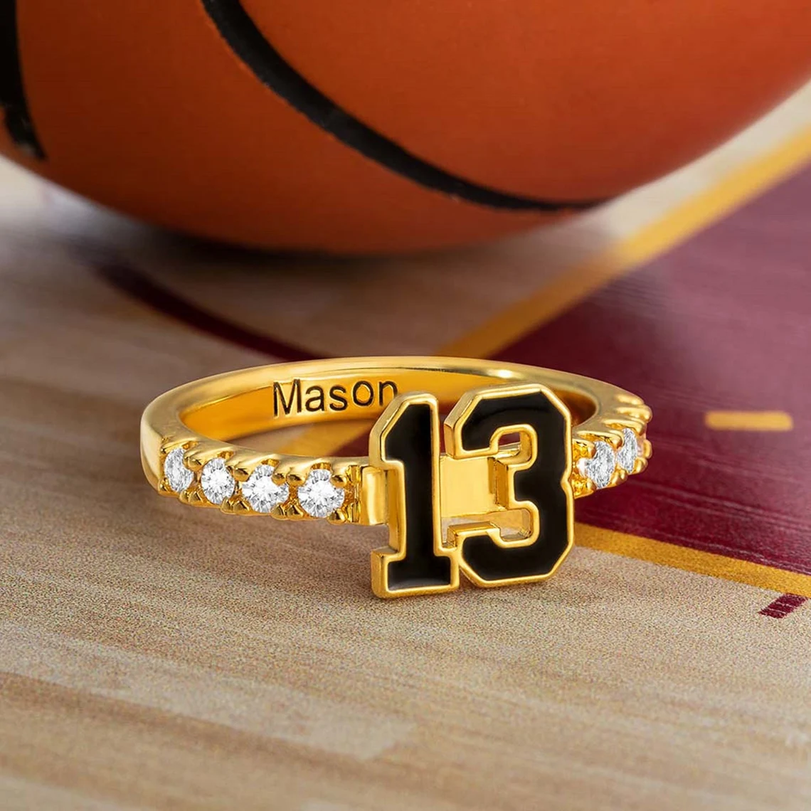 Personalized Sport Number Engraved Name Ring with Birthstone
