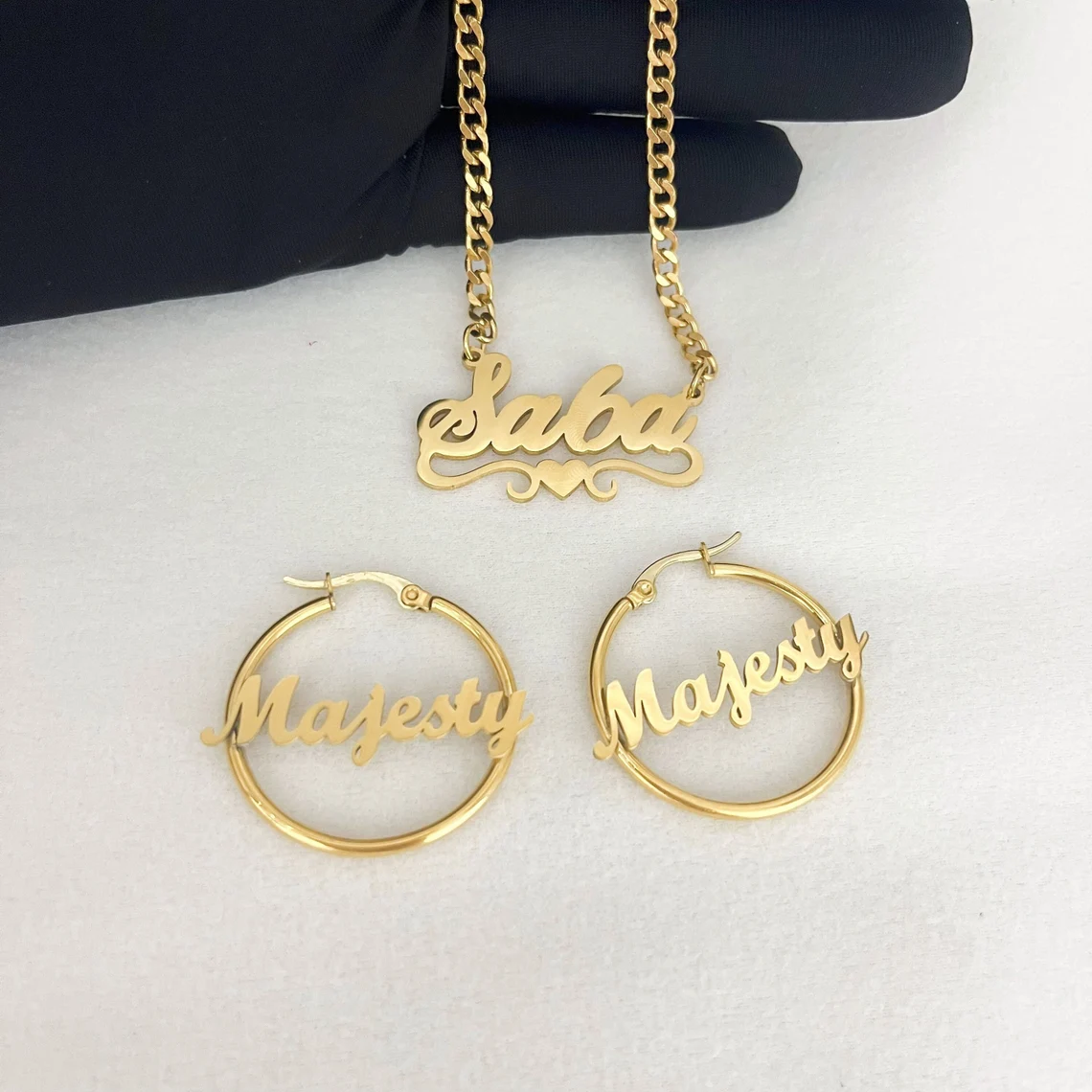 Gold Plated Jewelry Set 2pcs Personalized Heart Name Necklace And Hoop Name Earrings 