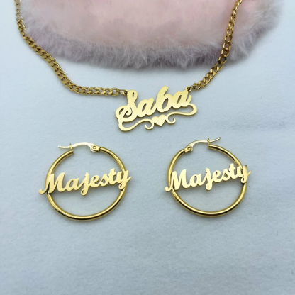 Gold Plated Jewelry Set 2pcs Personalized Heart Name Necklace And Hoop Name Earrings 