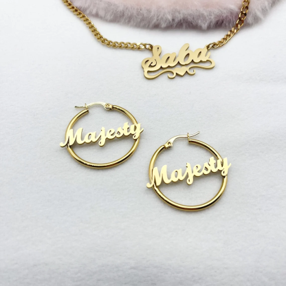 Gold Plated Jewelry Set 2pcs Personalized Heart Name Necklace And Hoop Name Earrings 