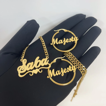 Gold Plated Jewelry Set 2pcs Personalized Heart Name Necklace And Hoop Name Earrings 