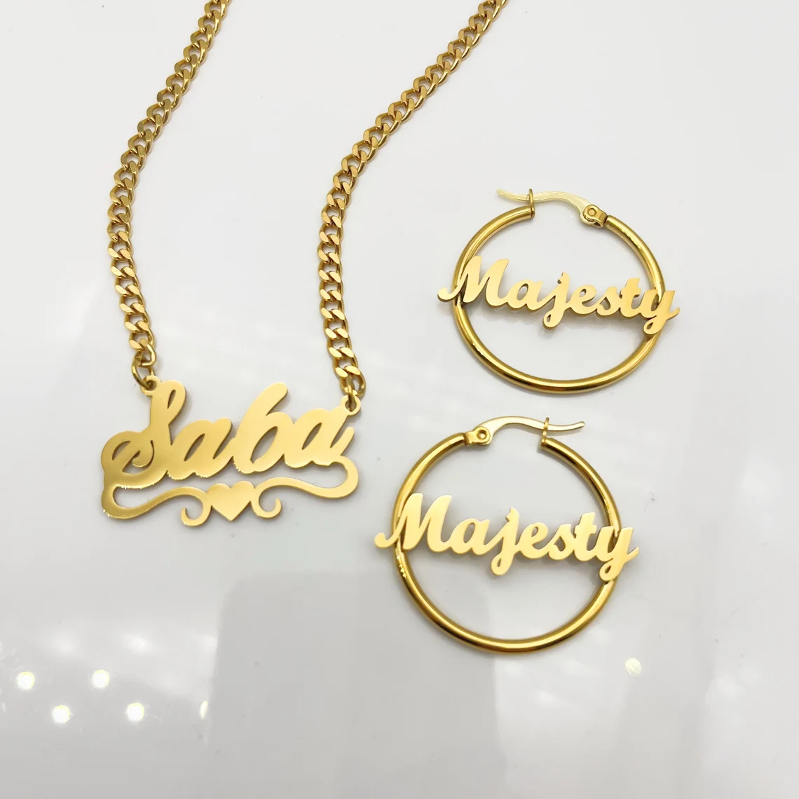 Gold Plated Jewelry Set 2pcs Personalized Heart Name Necklace And Hoop Name Earrings 