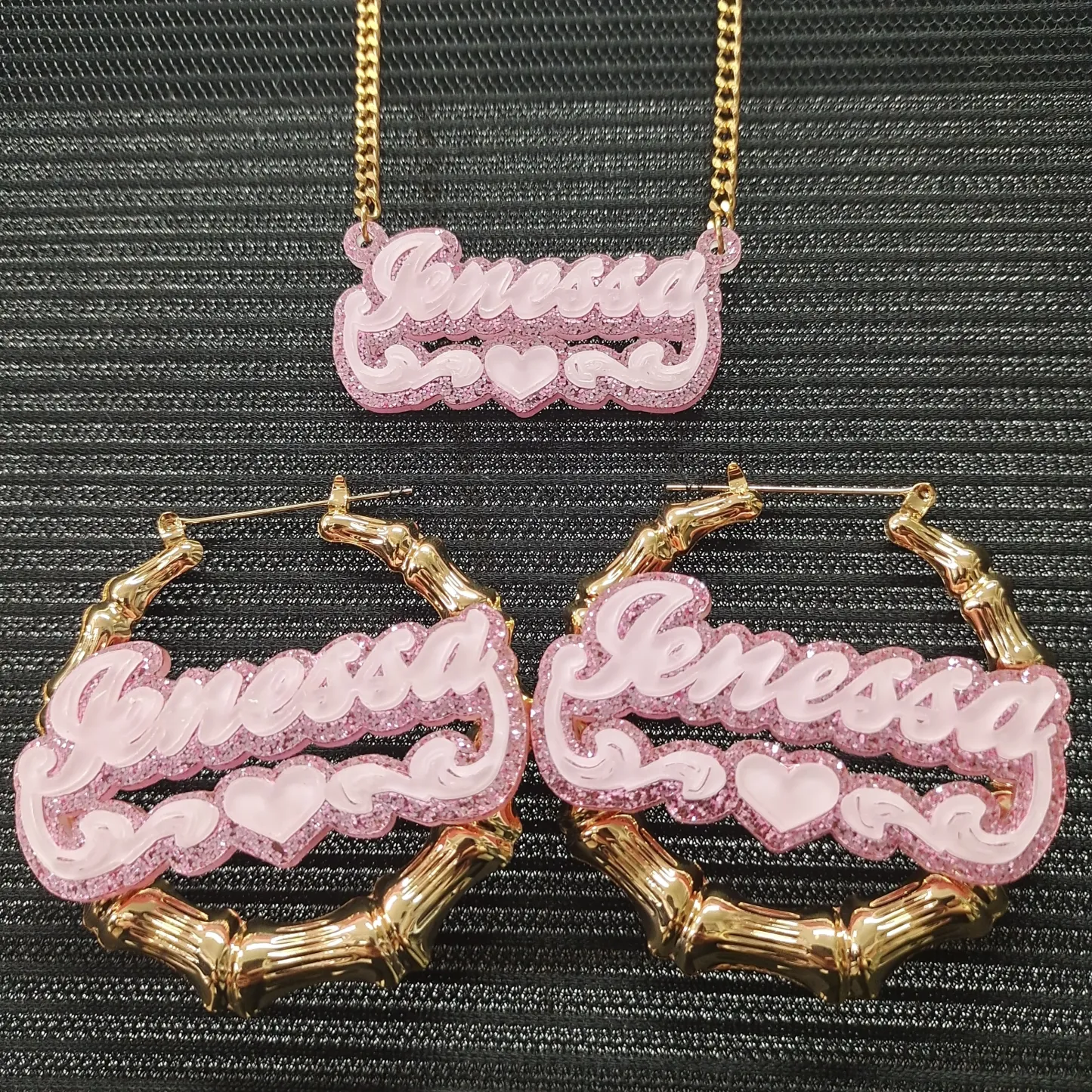 Personalized Pink Acrylic Heart Name Necklace Bamboo Hoop Earrings Set