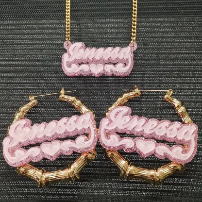 Personalized Pink Acrylic Heart Name Necklace Bamboo Hoop Earrings Set