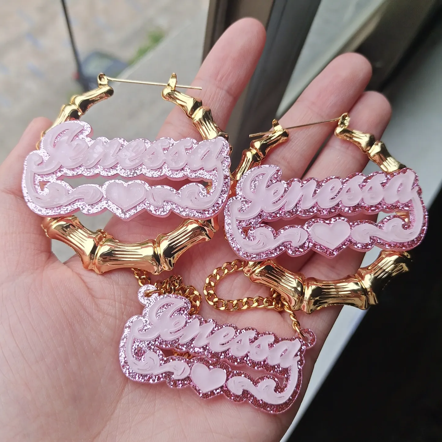 Personalized Pink Acrylic Heart Name Necklace Bamboo Hoop Earrings Set