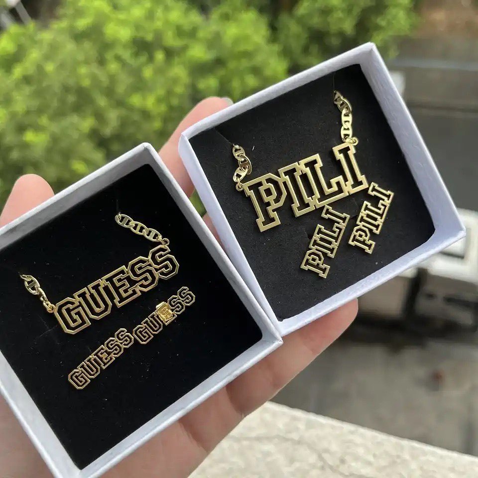 Mariner Chain Custom Hollow Nameplate Pendant Necklace & Stud Earrings