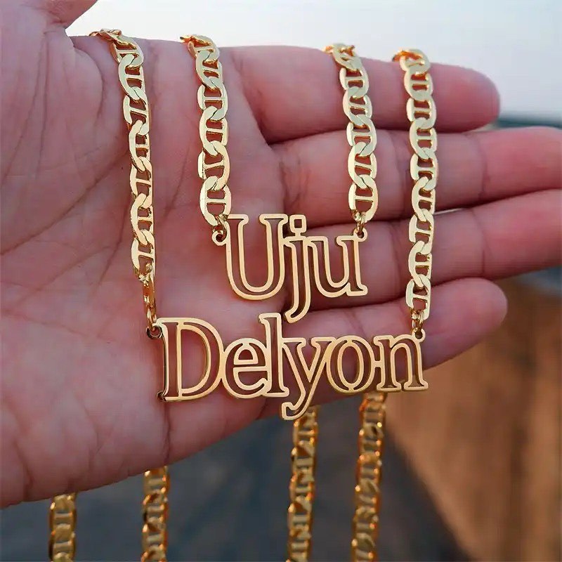 Mariner Chain Custom Hollow Nameplate Pendant Necklace & Stud Earrings