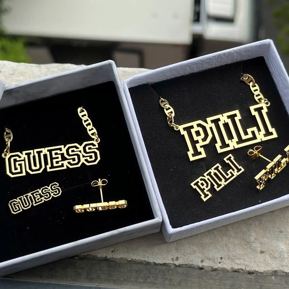 Mariner Chain Custom Hollow Nameplate Pendant Necklace & Stud Earrings