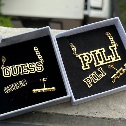 Mariner Chain Custom Hollow Nameplate Pendant Necklace & Stud Earrings 