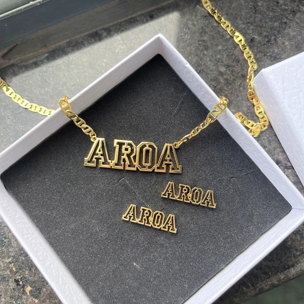 Mariner Chain Custom Hollow Nameplate Pendant Necklace & Stud Earrings