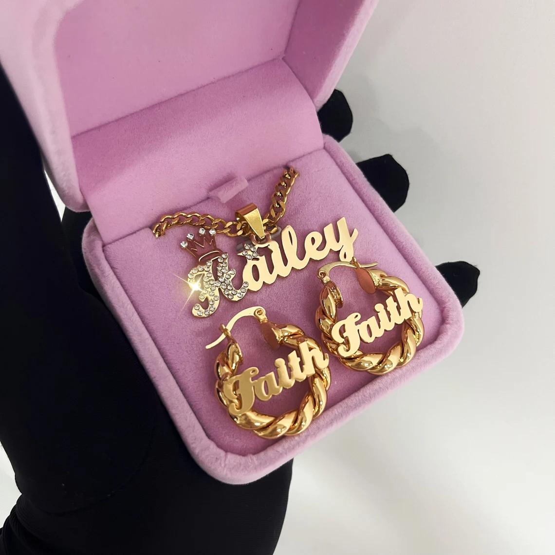 Crown Zircon Custom Name Necklace and 25mm Name Hoop Earrings Jewelry