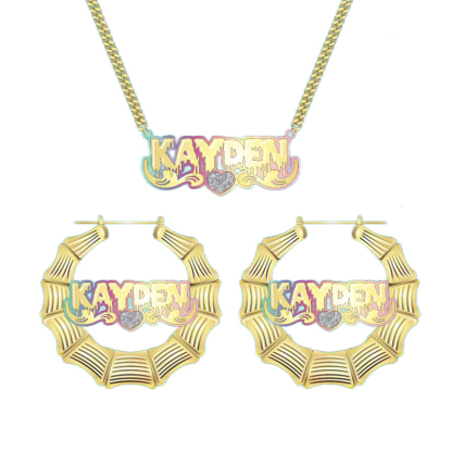 Personalized Heart Name Necklace and 60mm Name Hoop Earrings Halloween Gift