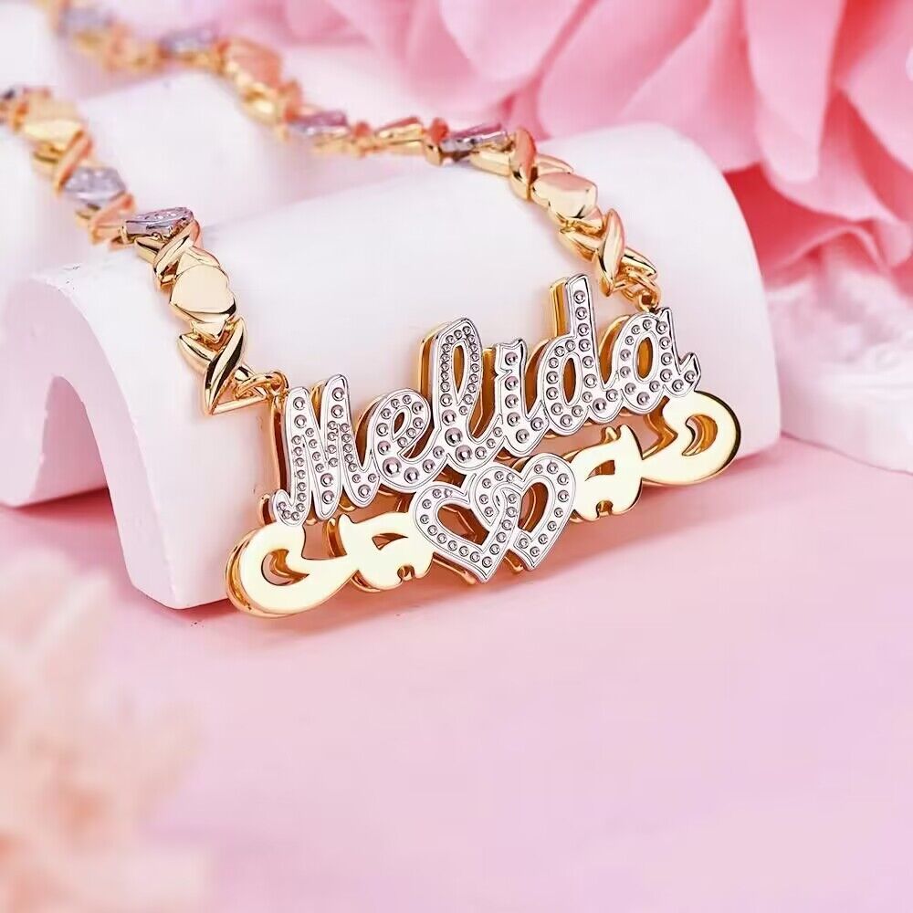 Double Layer Two Tone Personalized Heart Name Necklace And Name Earring Set
