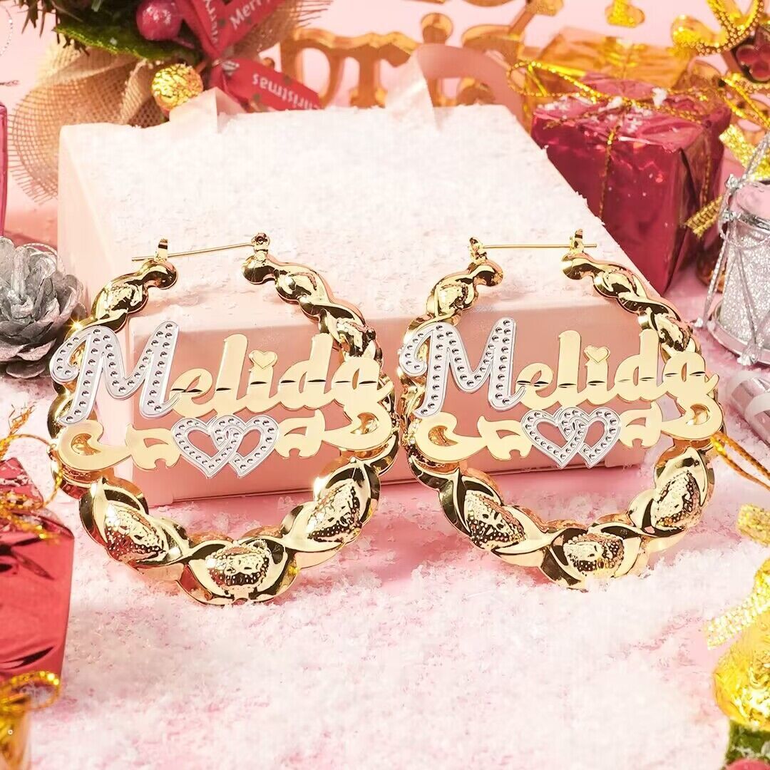 Double Layer Two Tone Personalized Heart Name Necklace And Name Earring Set