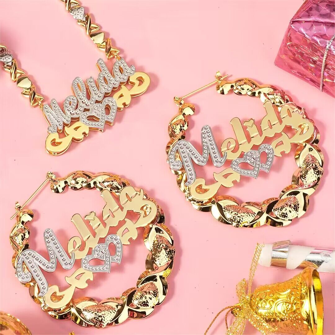Double Layer Two Tone Personalized Heart Name Necklace And Name Earrin