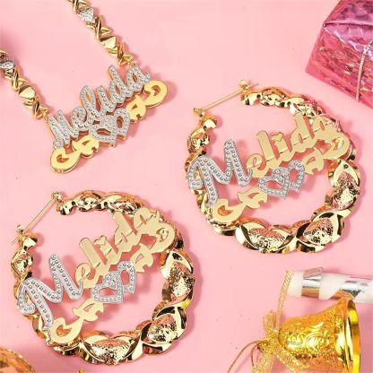Double Layer Two Tone Personalized Heart Name Necklace And Name Earring Set