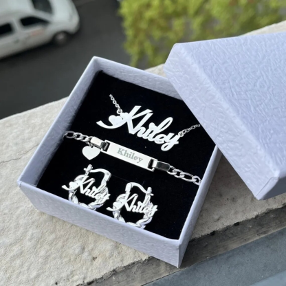 Heart Pendant Personalized Name Necklace And Name Earring ID Name Bracelet Set