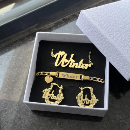 Heart Pendant Personalized Name Necklace And Name Earring ID Name Bracelet Set