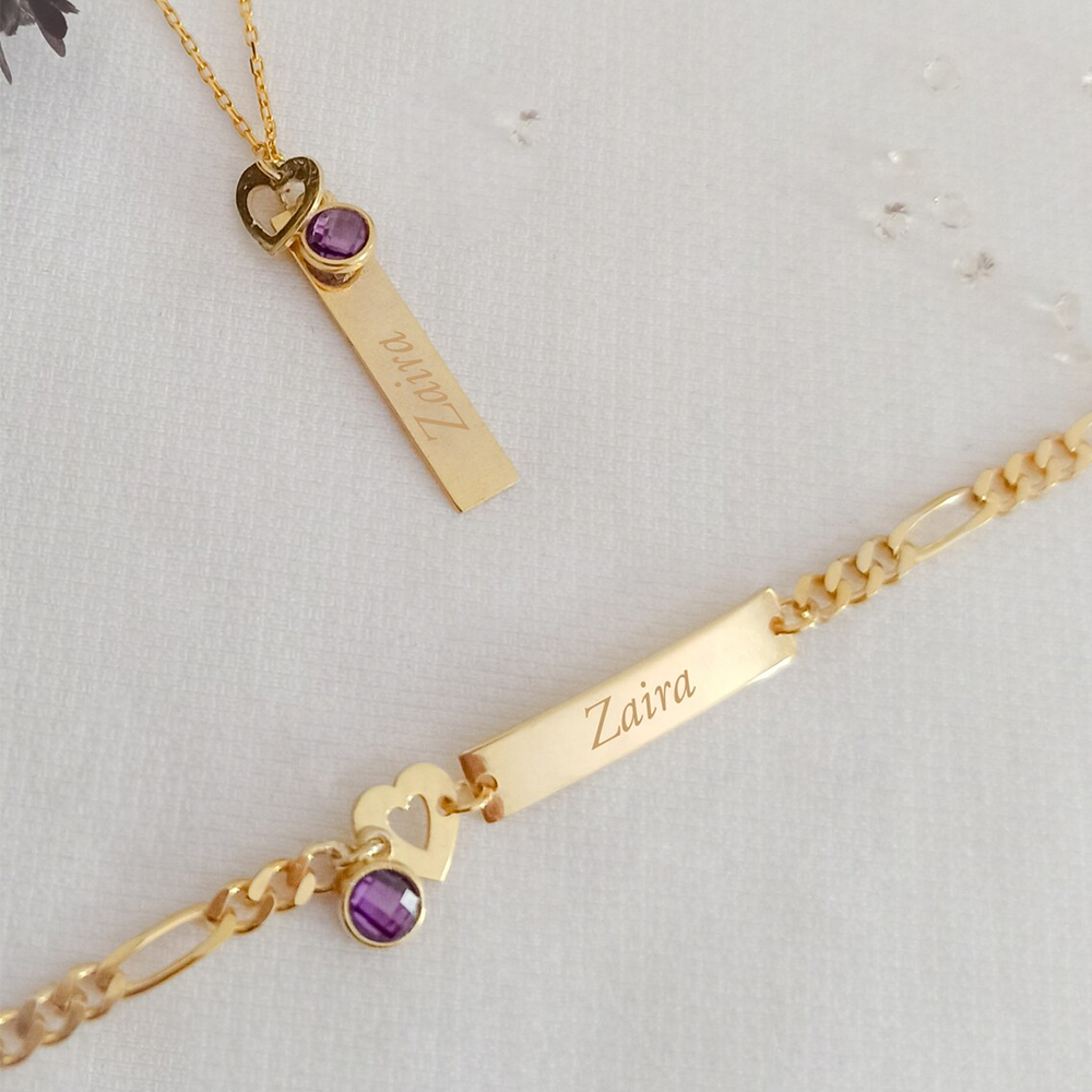 Heart Birthstone Pendant Custom Name Necklace And ID Name Bracelet