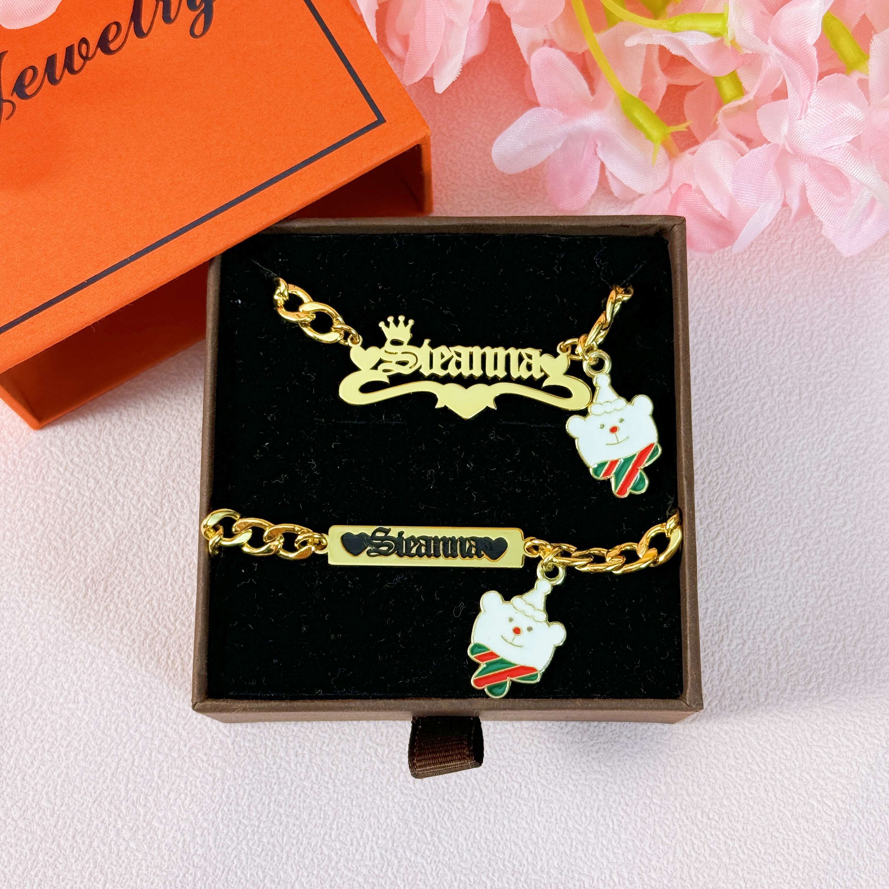 Crown Heart Old English Pendant Custom Name Necklace And Name Bracelet With Christmas Bear