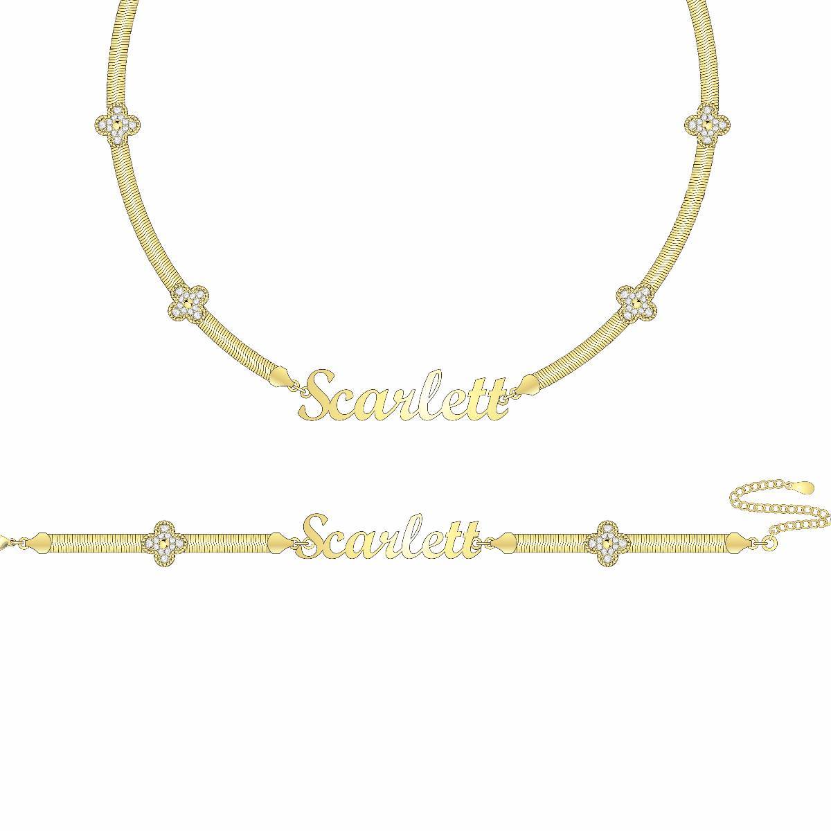 Personalized Snake Chain Four-leaf Clover Name Necklace And Name Bracelet With ID Birthsday