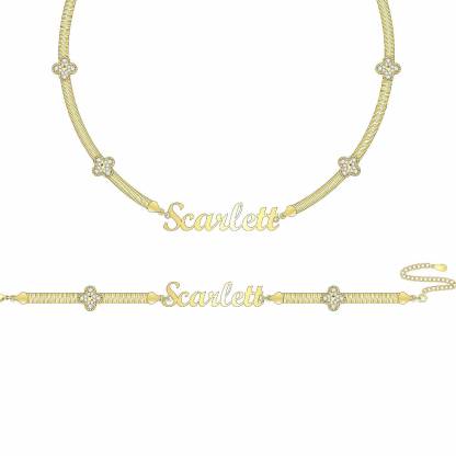 Personalized Snake Chain Four-leaf Clover Name Necklace And Name Bracelet With ID Birthsday