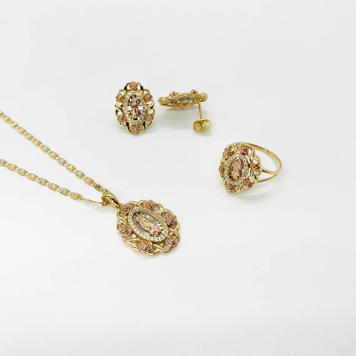 Virgen Maria Rose Round Circle Pendant Necklace Ring And Stud Earrings