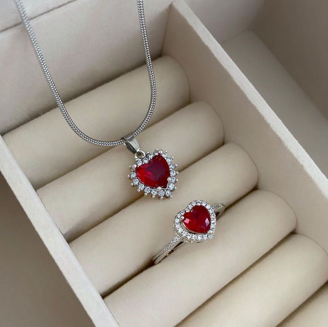 Birthstone Heart With Zircon Pendant Personalized Glittering Necklace And Ring