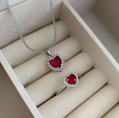 Birthstone Heart With Zircon Pendant Personalized Glittering Necklace And Ring