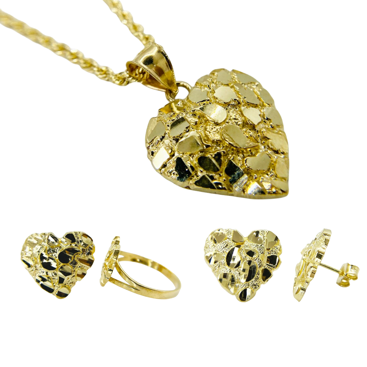 Gold Plated Love Heart Set Personalized Name Ring And Necklace Stud Earrings