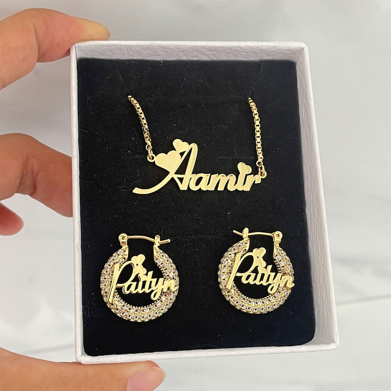 Heart Nameplate Personalized Name Necklace Iced Out Hoop Earrings Set