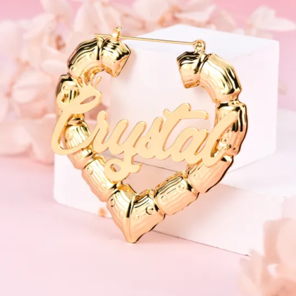 Heart Love Nameplate Personalized Snake Chain Name Necklace And Bamboo Hoop Earrings Set
