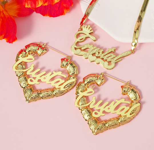 Heart Love Nameplate Personalized Snake Chain Name Necklace And Bamboo Hoop Earrings Set