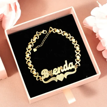 Double Layer Love Heart Personalized Name Necklace And Name Bracelet Set
