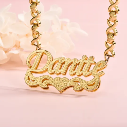 Double Layer Love Heart Personalized Name Necklace And Name Bracelet Set