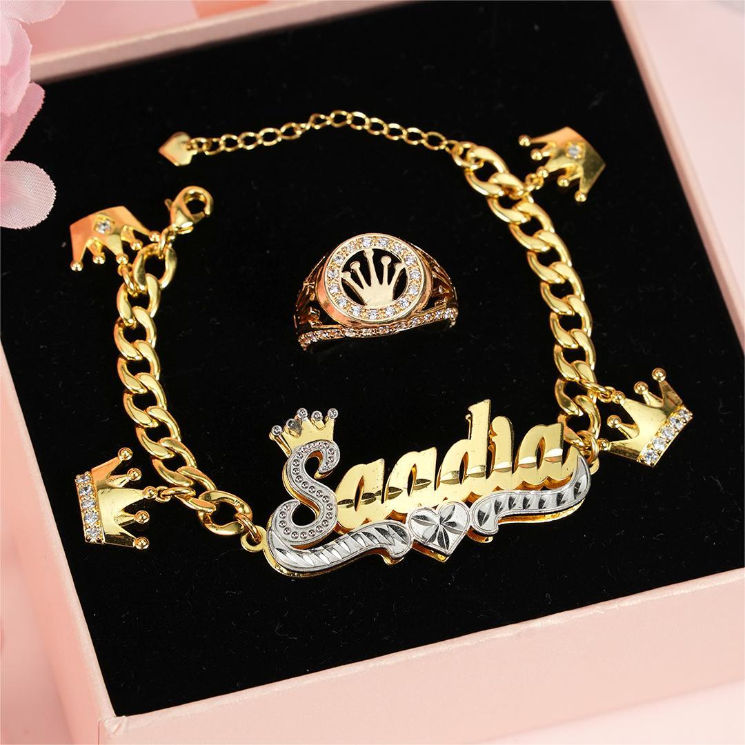 Zircon Crown Personalized Double Layer Name Necklace And Crown Ring Se