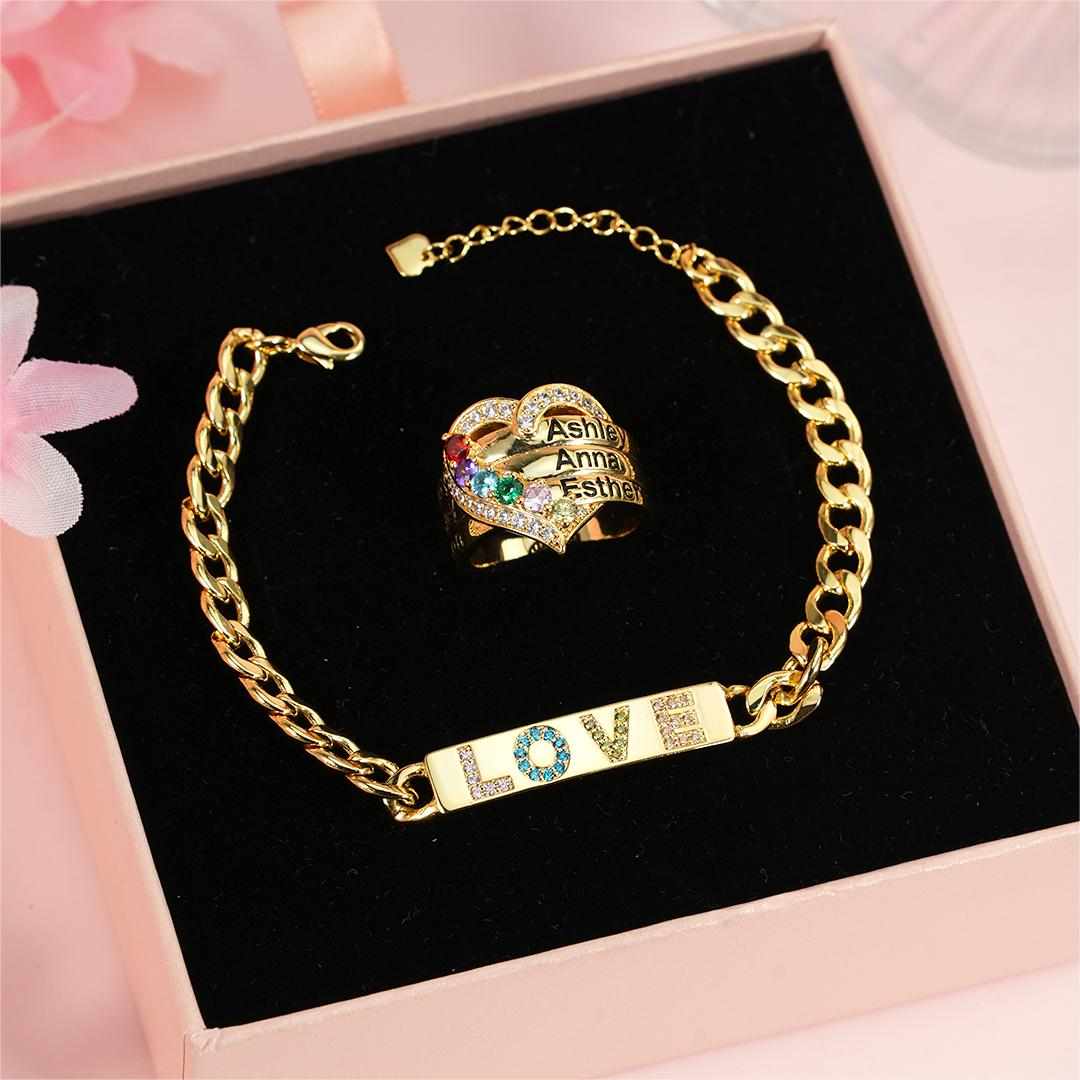 Zircon Nameplate Personalized Colorful Letter Name Bracelet And Birthstone Ring Set