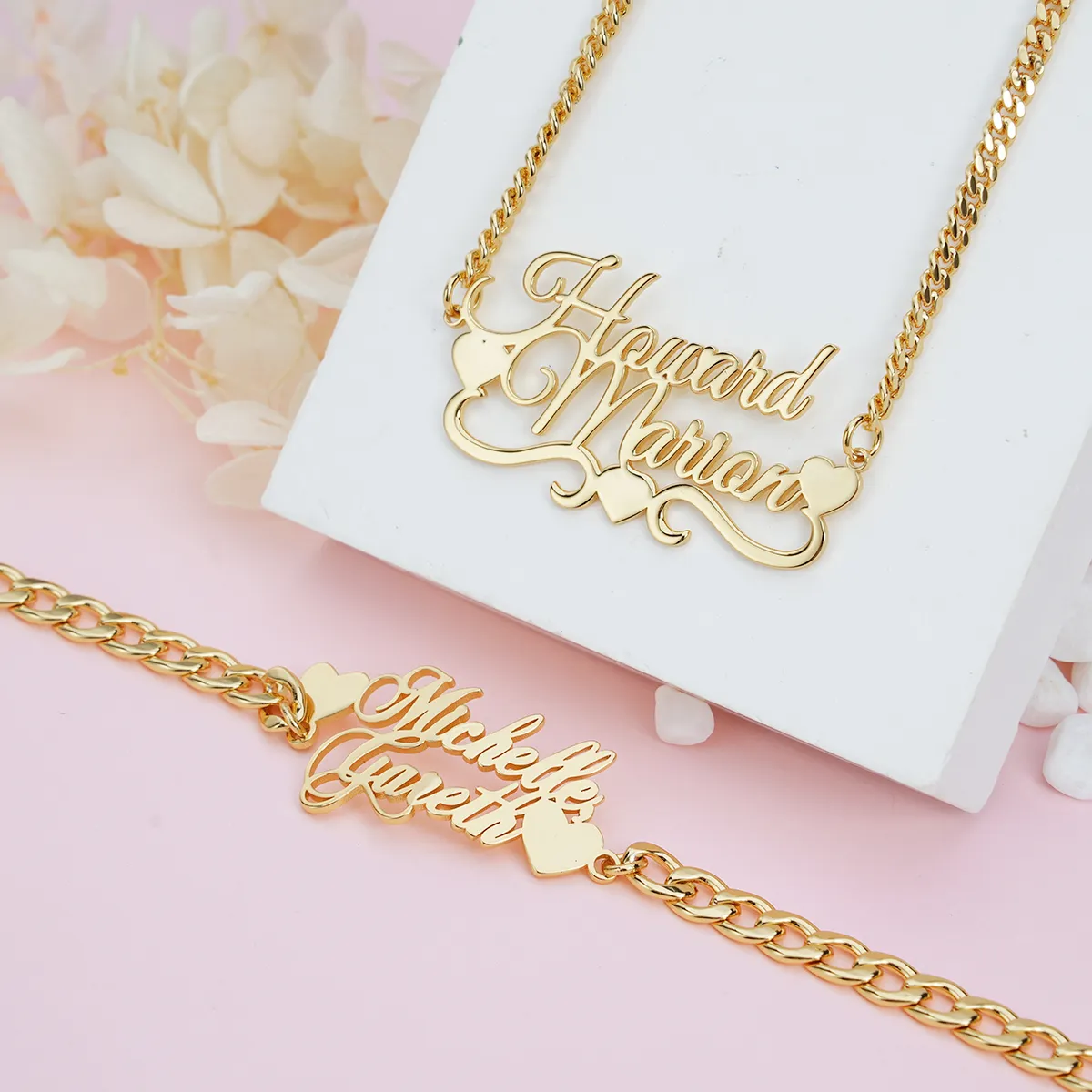 Heart Two Names Pendant Personalized Name Necklace Name Bracelet And Name Ring Set