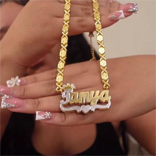 Two Tone Crown Nameplate with Heart XOXO Chain Personalized Name Necklace