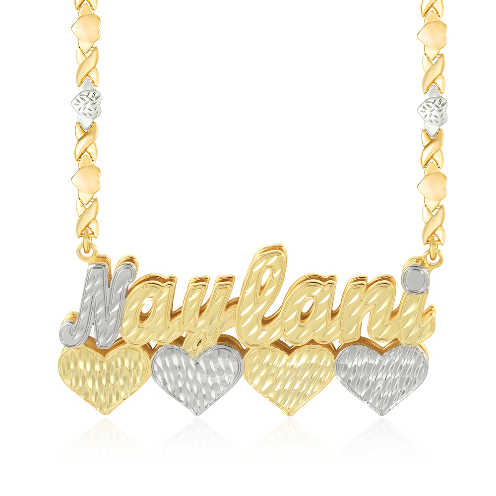Double Layer Two Tone Four Hearts Nameplate XOXO Chain Personalized Custom Gold Plated Name Necklace