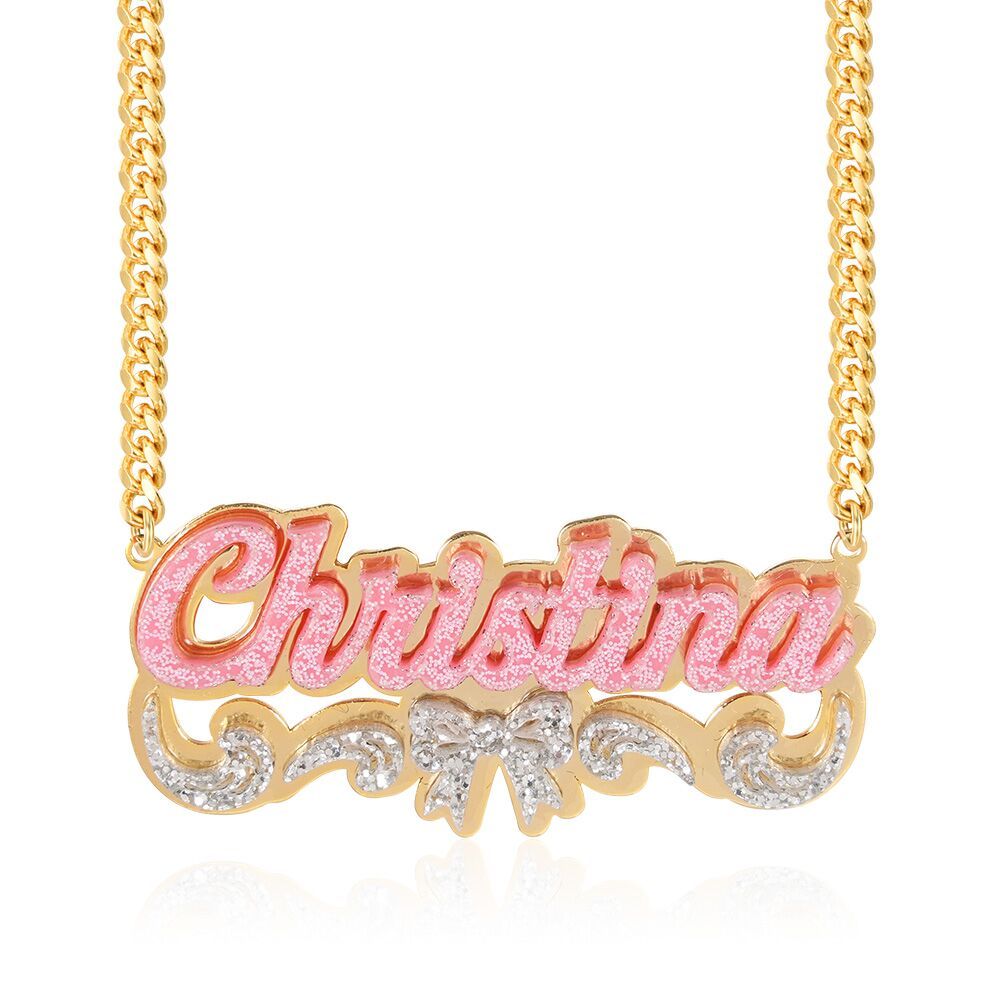 Girls Bowknot Pink Acrylic Personalized Name Necklace with Heart