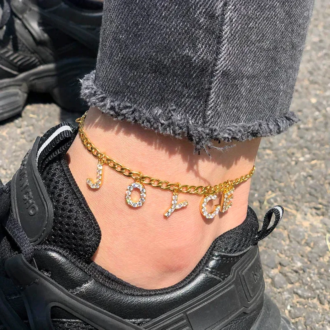 Zircon Nameplate Gold Plated Personalized Name Anklet
