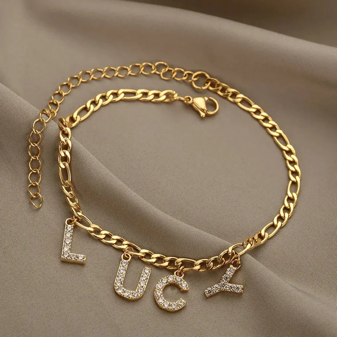 Zircon Nameplate Gold Plated Personalized Name Anklet
