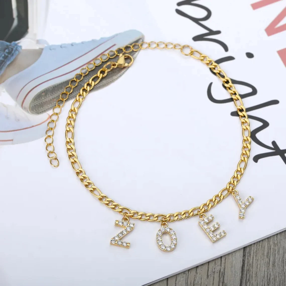 Zircon Nameplate Gold Plated Personalized Name Anklet