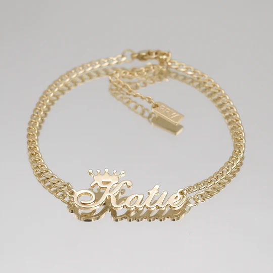 Crown Nameplated Personalized Gold Plated Custom Name Anklet