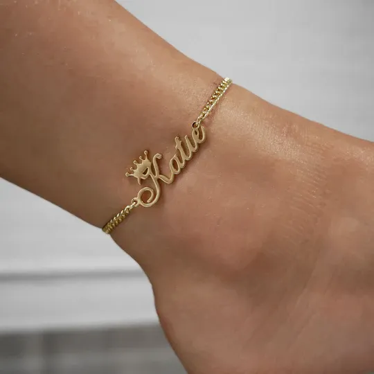 Crown Nameplated Personalized Gold Plated Custom Name Anklet