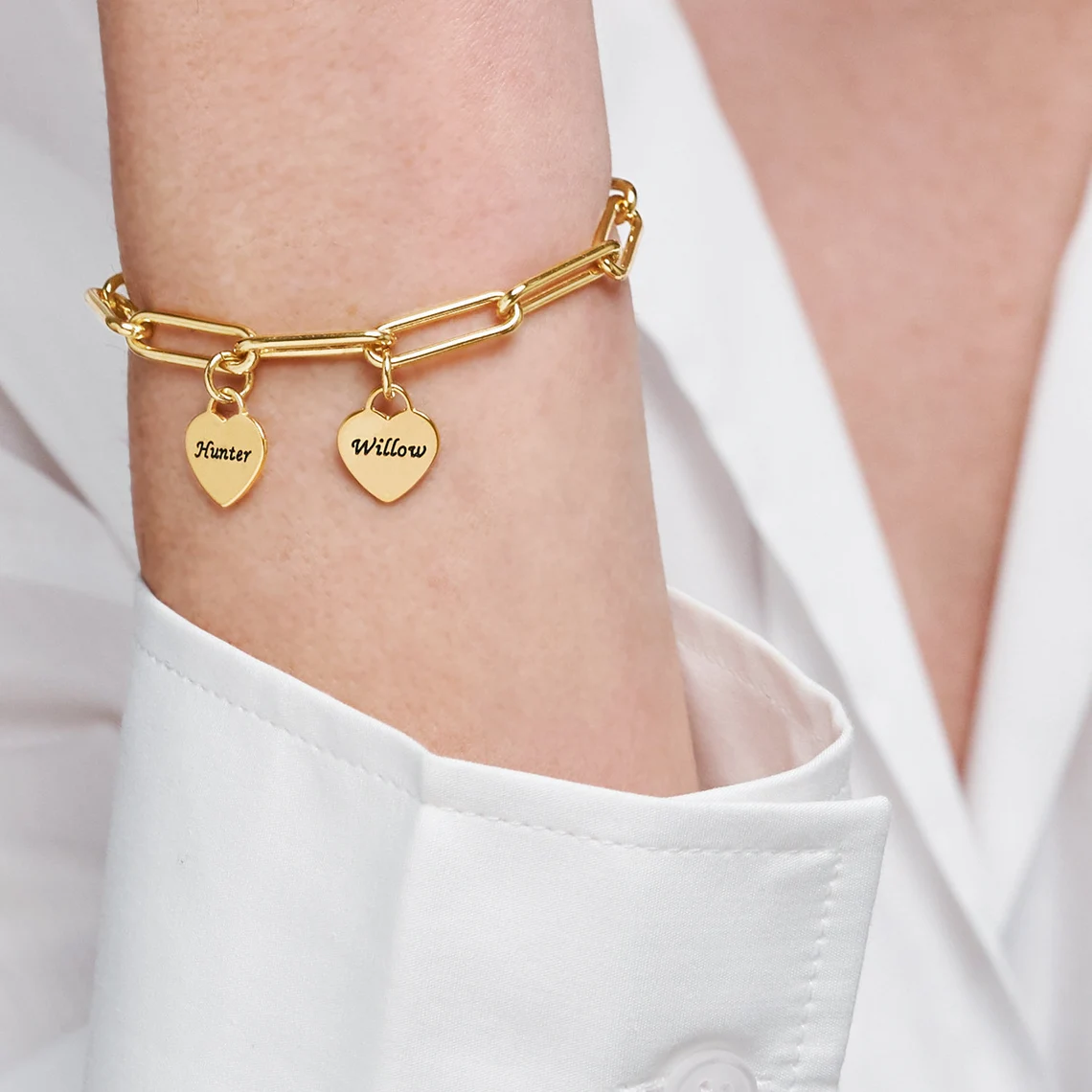 Personalized Link Chain Engraved Bracelet with Heart Charms