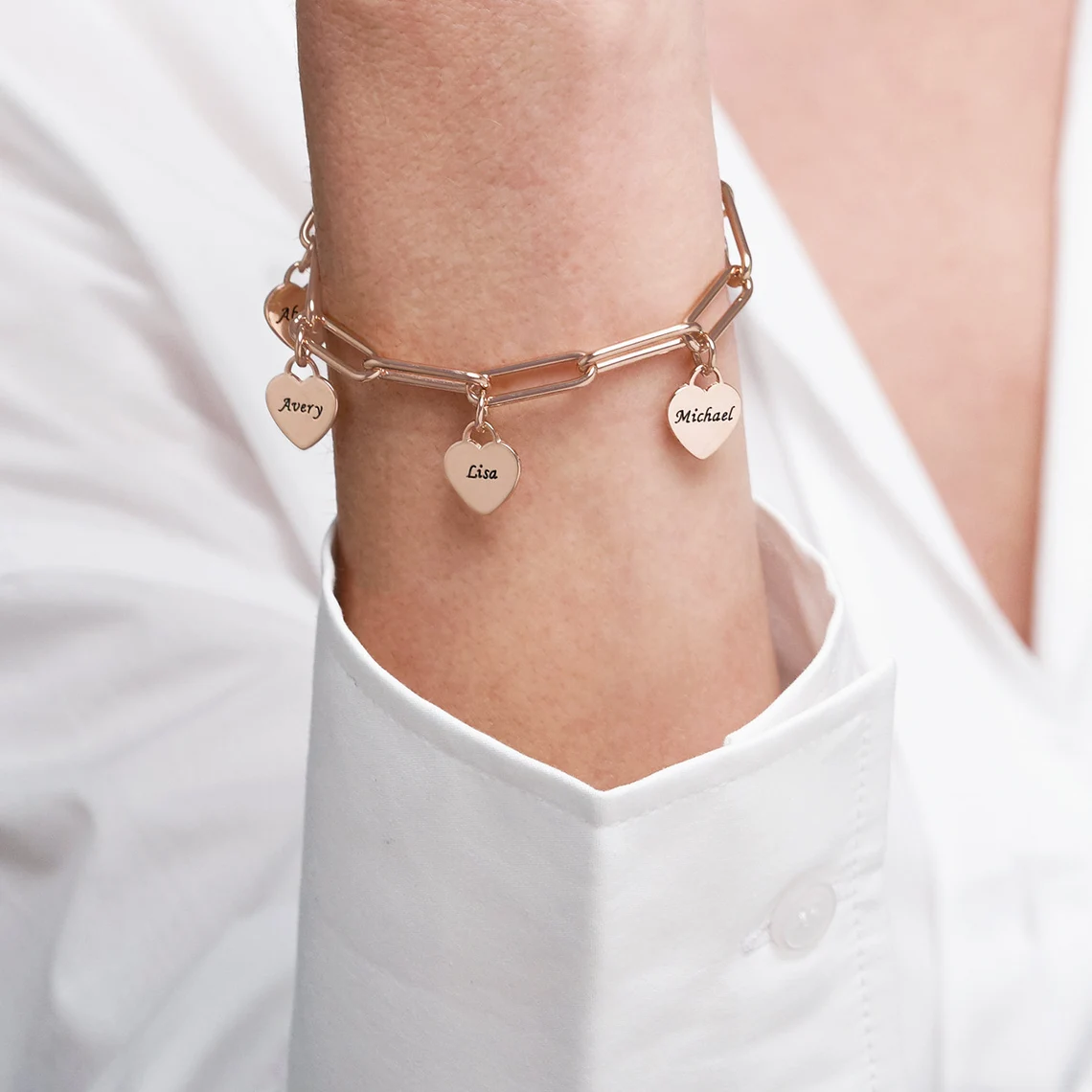 Personalized Link Chain Engraved Bracelet with Heart Charms