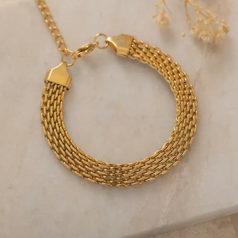 Gold Vintage Retro Mesh Bracelet Dainty Bracelet Herringbone Chain