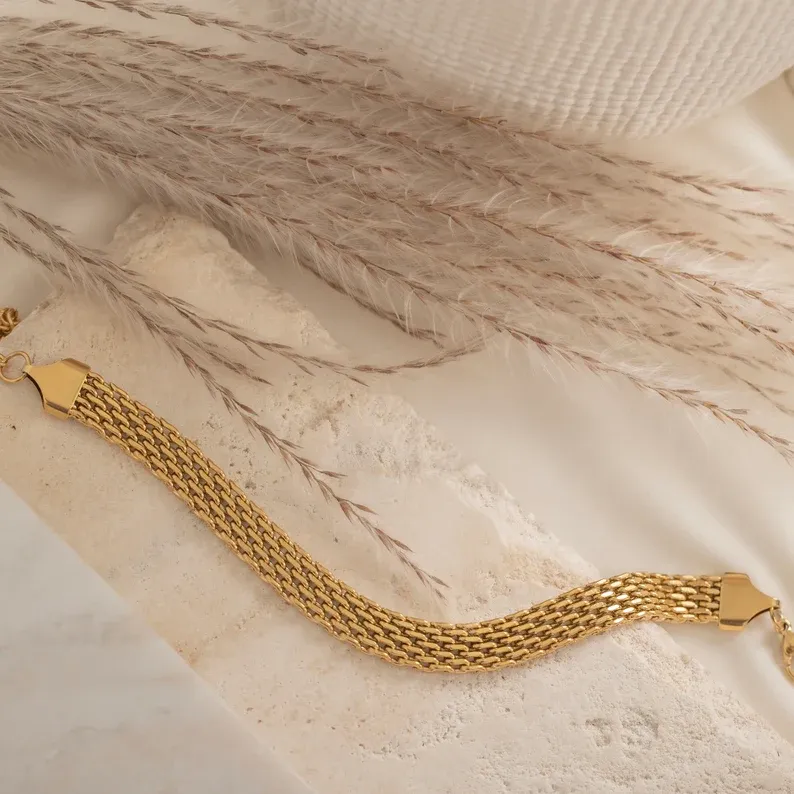 Gold Vintage Retro Mesh Bracelet Dainty Bracelet Herringbone Chain
